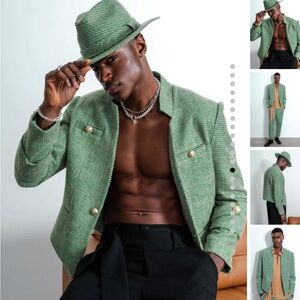 ORTTU Star Neck Jacket Green Tweed Gold Accents Size Medium Military Glamor $290